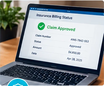 Generic insurance billing approval status displayed on a laptop