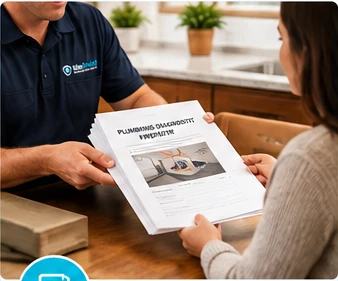 Inspector handing a plumbing diagnostic report to a homeowner